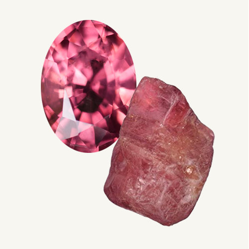 Et billede af en facetslebet pink spinel og en rå pink spinel ædelsten