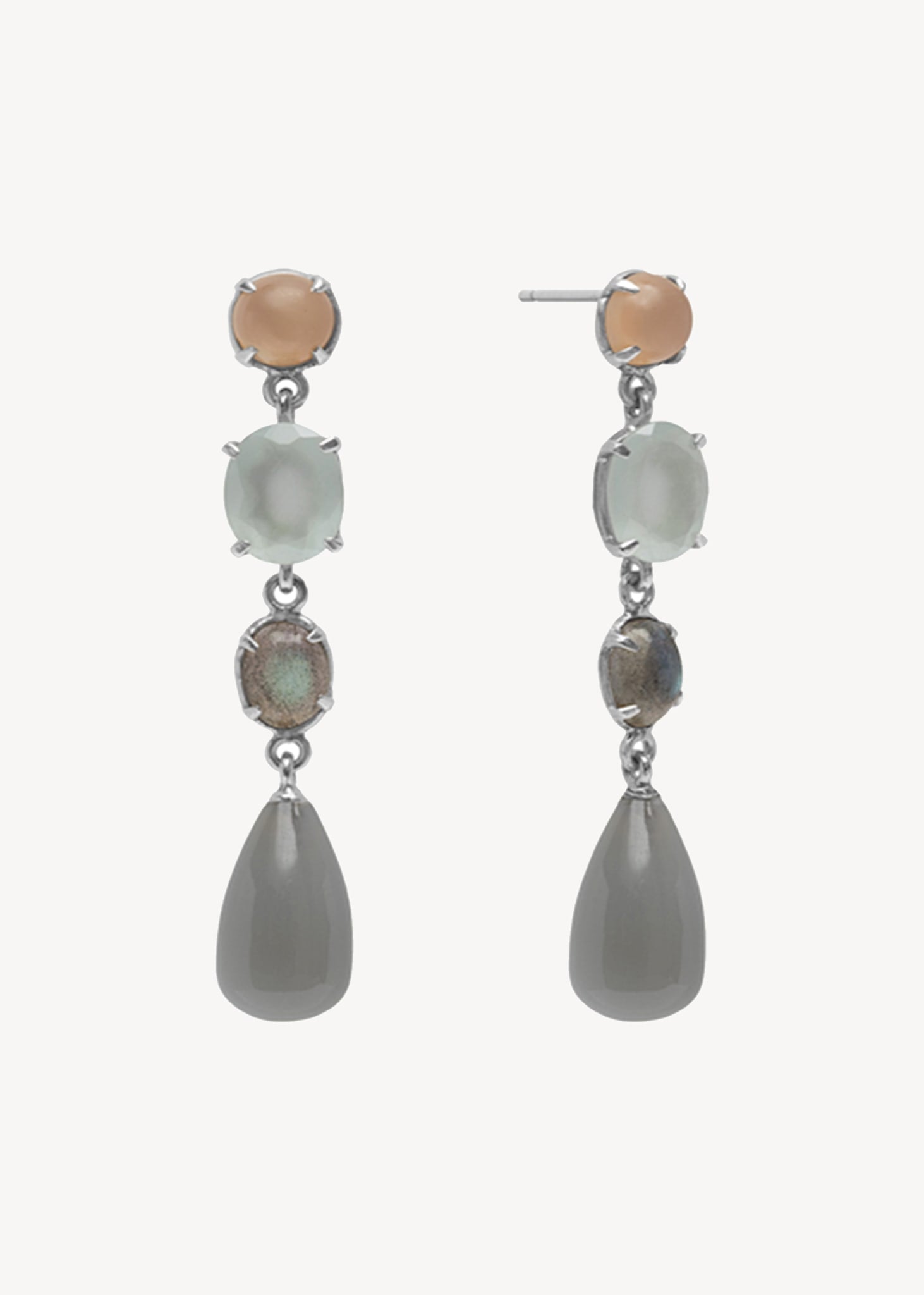 Beautiful dangling earrings wuith march's birthstone Aquamarine, June's birhtstone Peach Moonstone, Grey moonstone and labradorite gemstones in sterling silver in Danish design